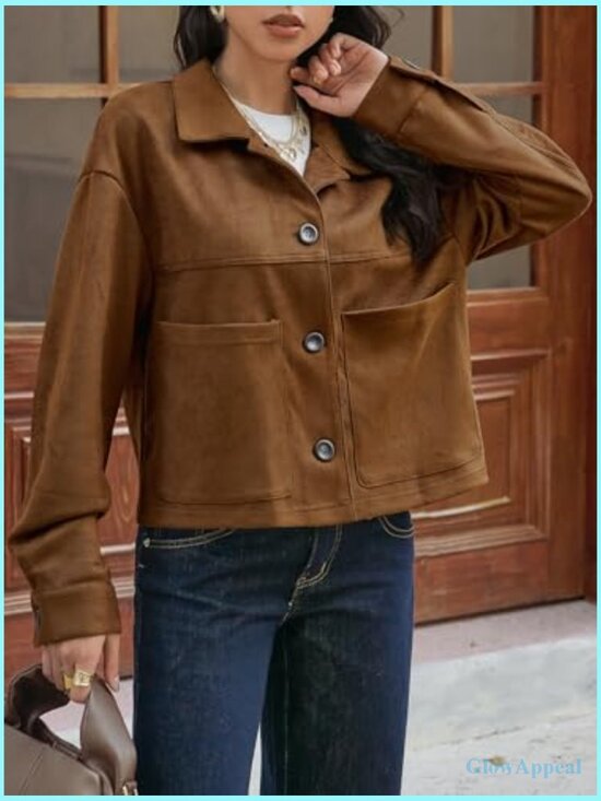 Cropped Faux Suede Jacket Lapel Collar Button Down Lightweight Shacket - Picture 5 of 6